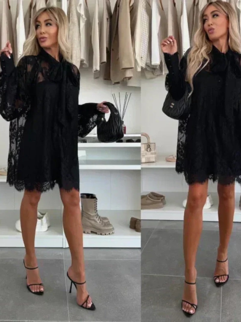 Lace Mini Dress with Bow Tie Neck