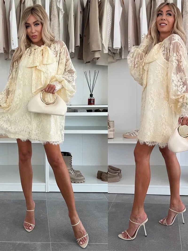 Lace Mini Dress with Bow Tie Neck