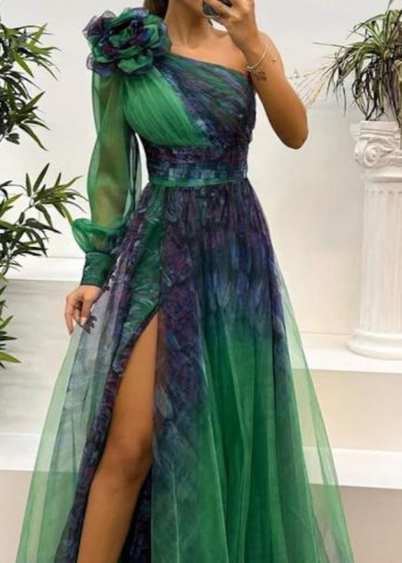 Slant-Shoulder Mesh Printed Dress