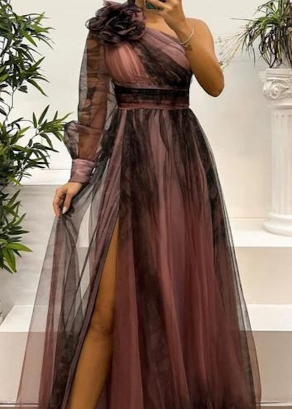 Slant-Shoulder Mesh Printed Dress