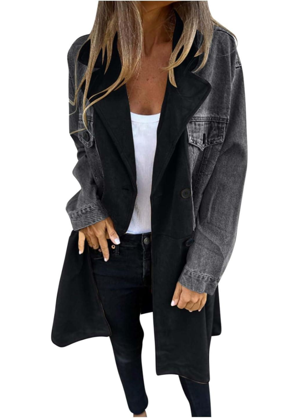 Mid-Length Trench Coat with Denim Stitching