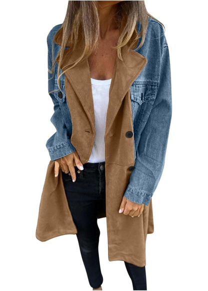 Mid-Length Trench Coat with Denim Stitching