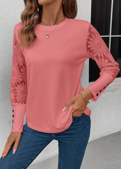 Floral Lace Spliced Long-Sleeve Top
