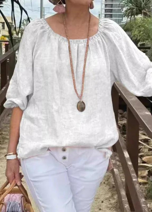 Emma Effortless Ruffle-Neck Cotton Linen Top