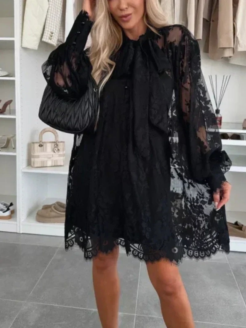Lace Mini Dress with Bow Tie Neck
