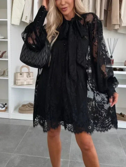 Lace Mini Dress with Bow Tie Neck