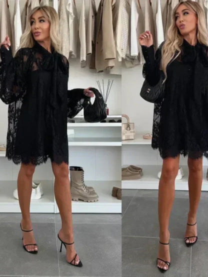 Lace Mini Dress with Bow Tie Neck