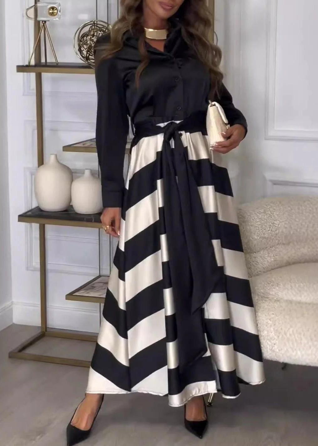Elegant Striped Shoulder-Strap Dress
