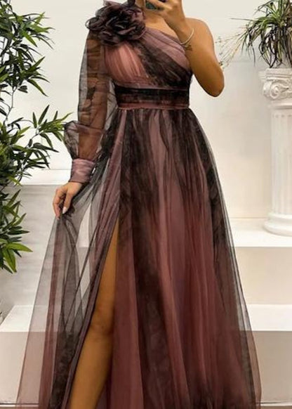 Slant-Shoulder Mesh Printed Dress