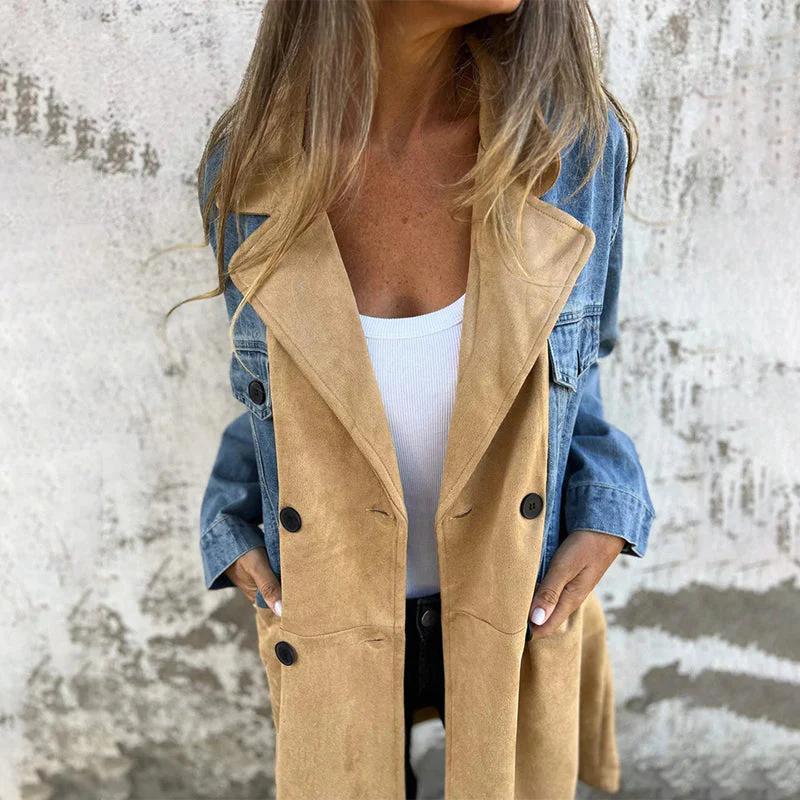 Mid-Length Trench Coat with Denim Stitching